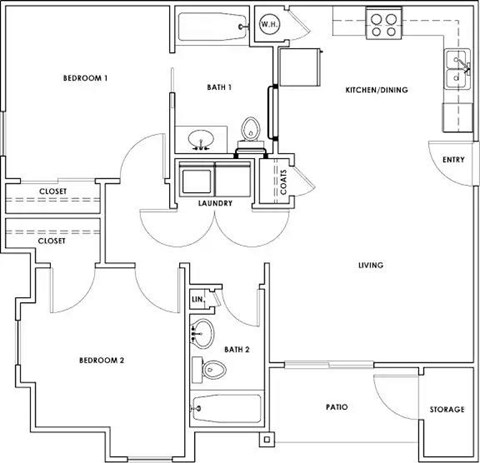 Floor plan for 2 beds, 2 baths, 861 sqft